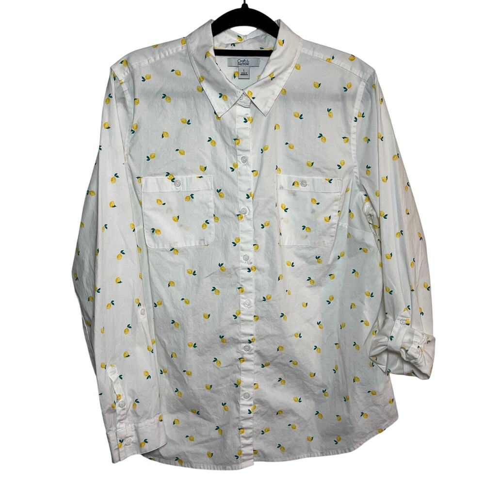 Croft & Barrow Lemon Print Button Up Shirt White Sz Large Citrus‎ Novelty Cotton